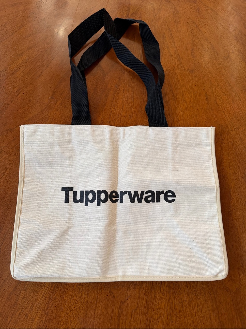 Tupperware Cream Canvas Tote with Black Straps and Logo - EUC!!